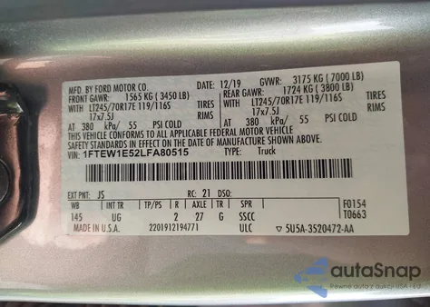 2020 Ford F-150 Xlt from USA, damaged, VIN 1FTEW1E52LFA80515